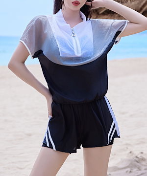 フィットネス水着 体型カバー 夏 配色・カラーブロック 3ピース ビキニ ラッシュガード 水着セット [2カラー]