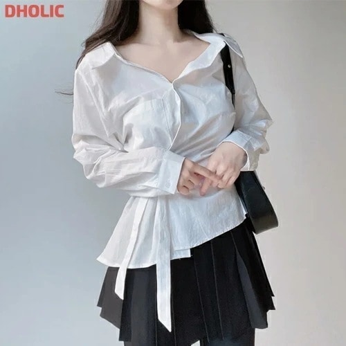 ラップカラーワンポケット長袖ボタンブラウス・1935806