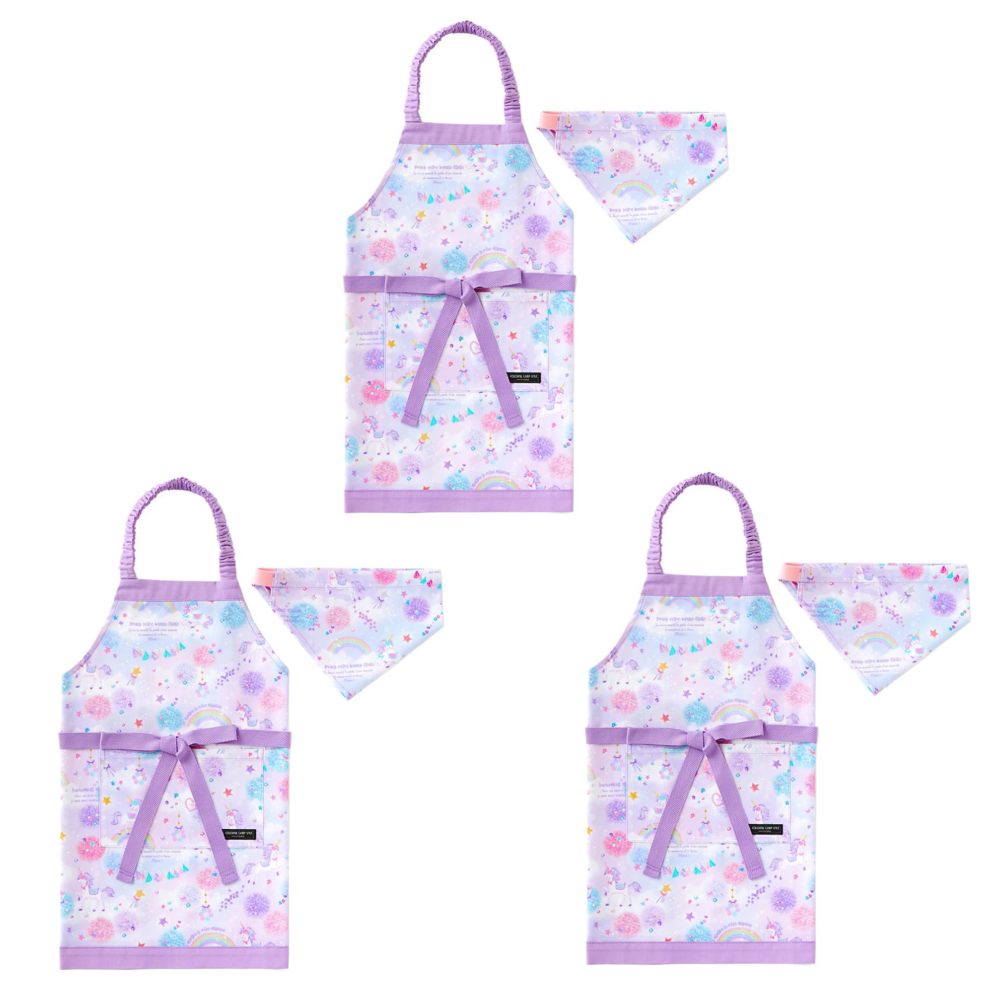 COLORFUL CANDY STYLE 子どもエプロン (100～120cm) ユニコーンファンタジー 3枚セット 女の子 かわいい 子供用 子供 こども エプロン 三角巾 セット ゴム キッズエプ