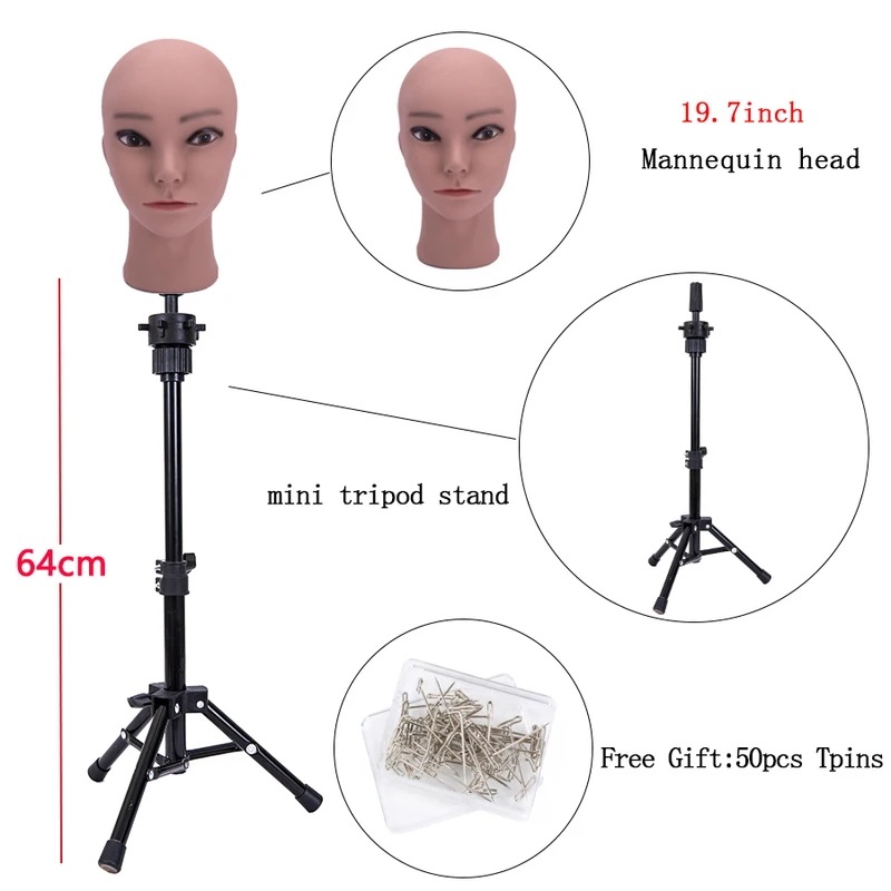 64cm三脚用ウィッグスタンド 黒一眼ヘッド付きミニ三脚 調整可能な三脚 Tピン 64cmstand brownhead