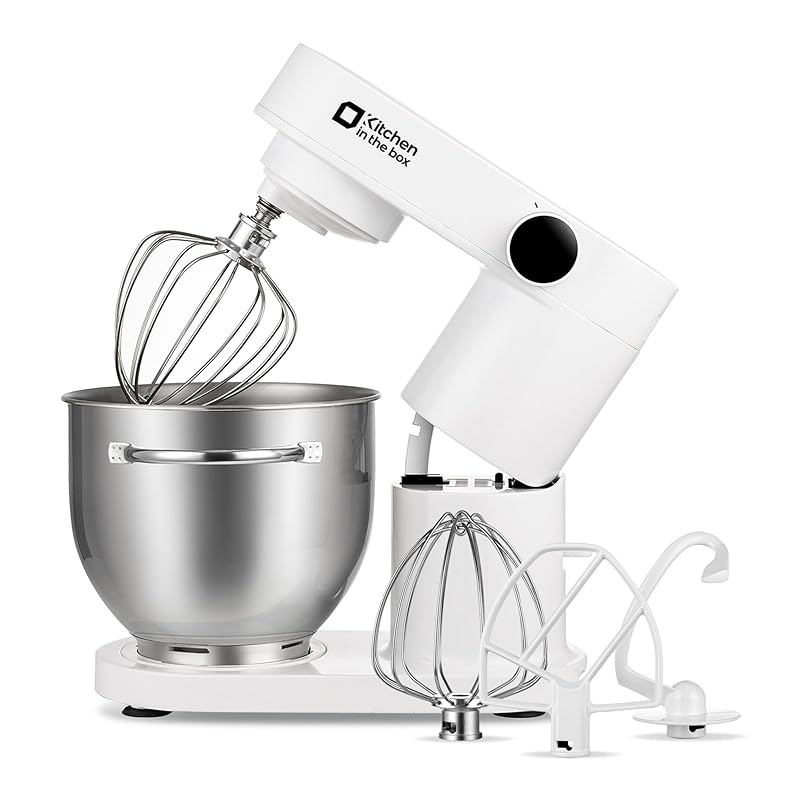 【国内即発】Kitchen in the box スタンドミキサー 5L大容量 3種類アタッチメント 6段階スピード調節 卓上型ミキサー 混ぜる/練る/泡立てる 一台三役 多機能 低騒音 (ホワイト)