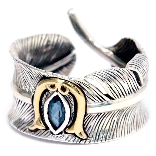 インディアンジュエリー リング 天然石 ロンドンブルートパーズ イエローゴールド ホースシュー 馬蹄 フェザー 羽 シルバー925 メンズ
