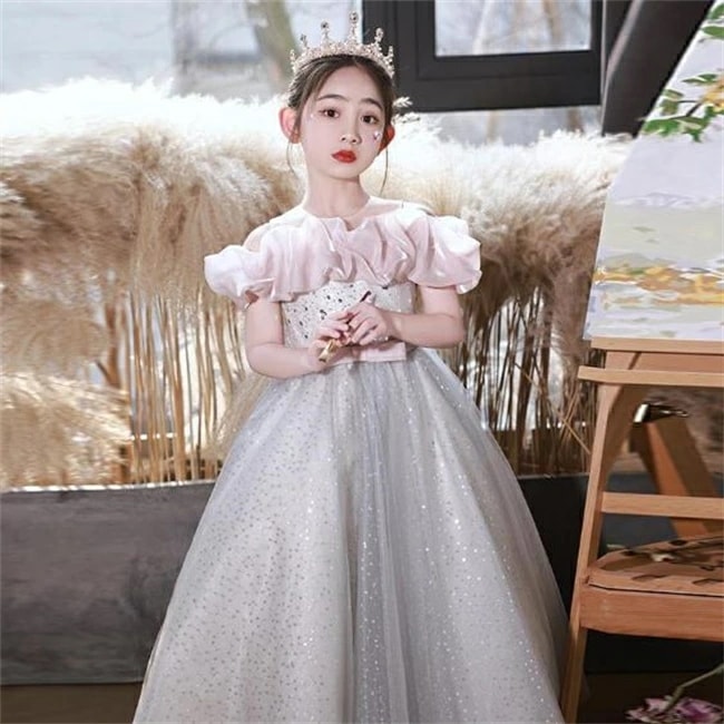 ライトグレー ロングドレス　キッズ　ドレス　子供ドレス　Aライン　マキシ丈　フォーマルドレス　ワンピース　キッズ服 子供服 女の子 子ども　発表会　七五三　演出舞台結婚式卒業園　入園式 ピアノ　11