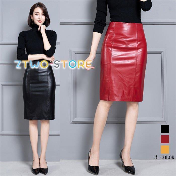 スカート ミディアム丈革スカート ラムレザー タイトスカート 膝丈ペンシルスカート ハイウエスト 皮スカート 羊革