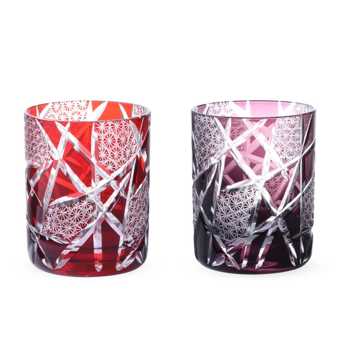 J-kitchens レトロ 切子 ペア グラス カップ ロック グラス Φ70xH90mm 210cc 乱彫小紋 レッド & パープル 華匠 Current Model