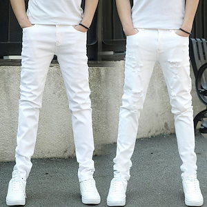 ホワイト アイスシルク ジーンズ メンズ 2024 春夏 薄手 ストレッチ スリムフィット 小足型 リップド メンズ ホワイト パンツ