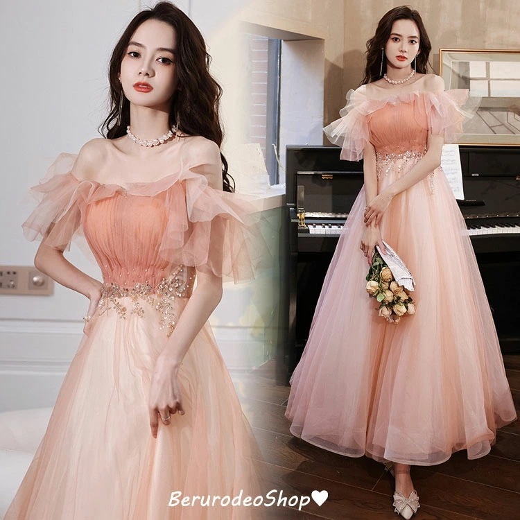 イブニングドレス オフショルダー オレンジ ロングドレス チュール 姫系 お姫様 ウエストスパンコール キレイめ 発表会ドレス 演奏会ドレス Aライン 結婚式ドレス 二次会ドレス パーティードレス