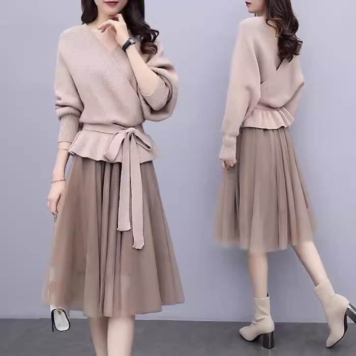トップス スカート ボトムス セットアップ レディース 膝丈 長袖 ボリューム袖 カシュクール フレア フェミニン ウエストリボン 異素材ミックス ニット 大人可愛い きれいめ おしゃれ かっこいい