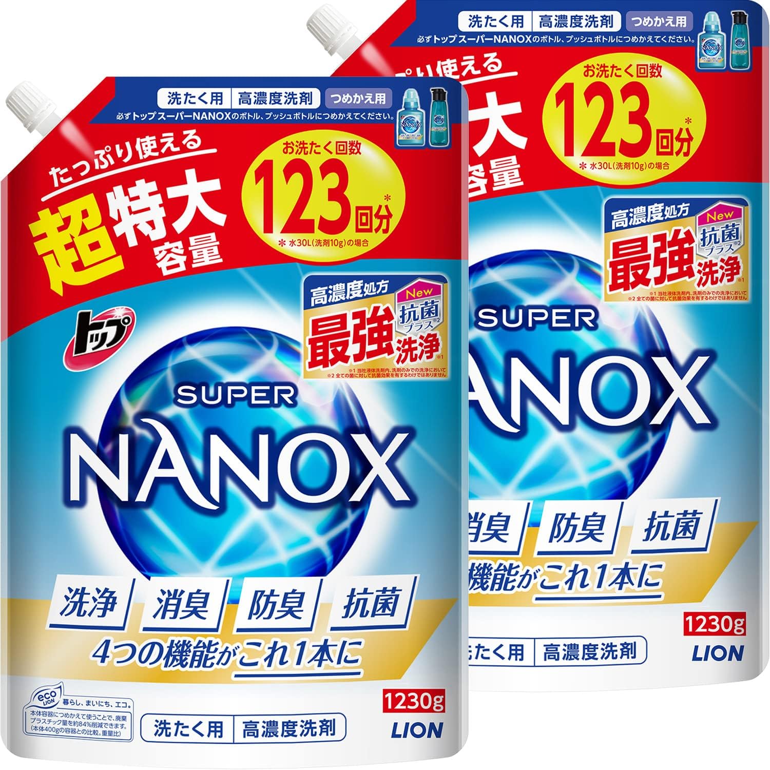 まとめ買い 大容量 トップ スーパーナノックス 蛍光剤無配合 高濃度 洗濯洗剤 液体 詰め替え 超特大1230g×2個セット