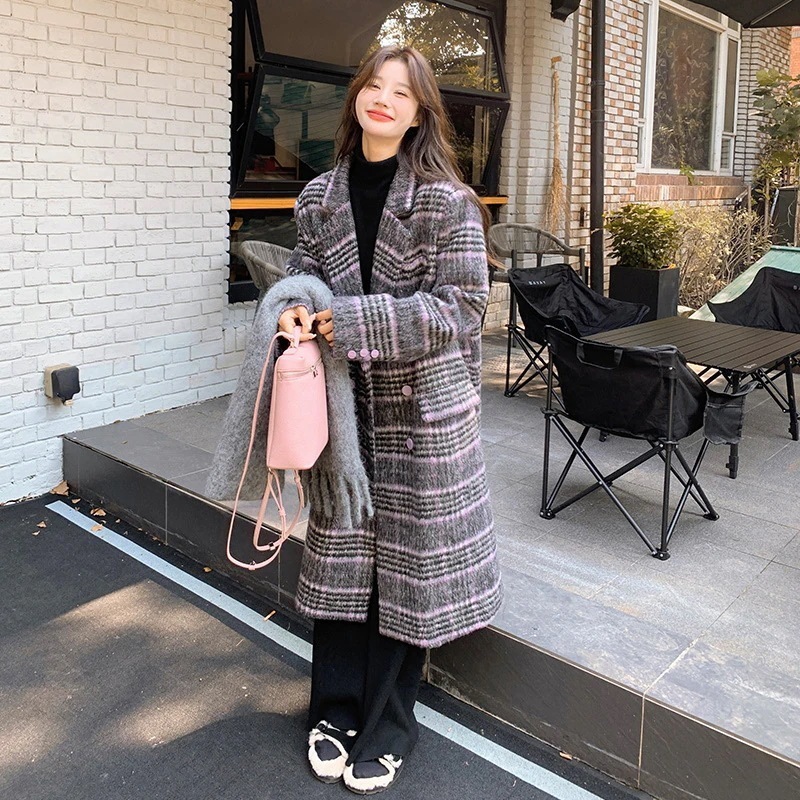 チェック襟ウールコート（秋冬韓国風レトロ）