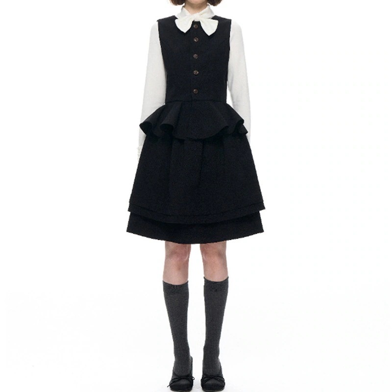 秋冬新作 レトロブリティッシュお姫様感 ブラックウエストシェイプ 気質ベストフリフリスカートセットAラインワンピ