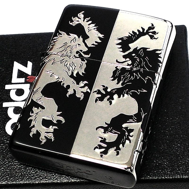 ZIPPO ライター モノトーンライオン ジッポ かっこいい ブラックシルバー 黒銀 5面加工 エッチング彫刻 おしゃれ プレゼント メンズ ギフト