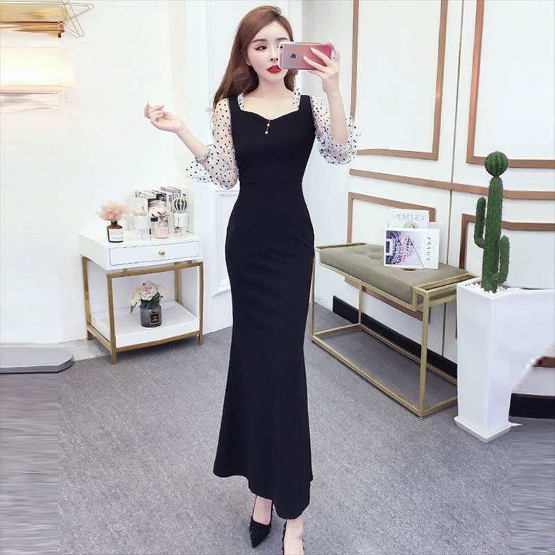 パーティードレス ロング 黒 マーメイド 個性的 きれいめ ドレス ワンピース ドット柄 大人可愛い モノトーン 切り替えデザイン フォーマル 韓国 ファッション 春 夏 長袖 タイト レディース シ