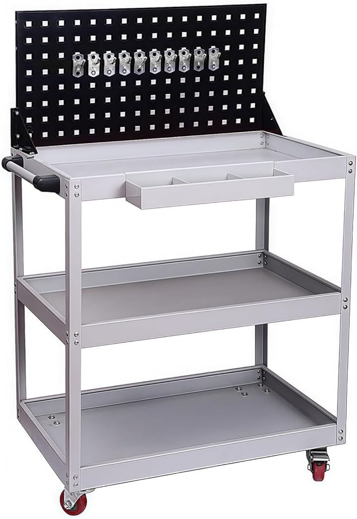 ツールワゴン キャスター付 大型 耐荷重210KG スチール製 業務用 ツールカート (3段 グレー「メッシュパネルタイプ」, 幅77.5CMx奥行48.5CMx高さ133CM)