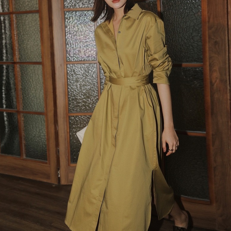 ワンピース レディース シャツワンピース ミモレ丈 スリット 長袖 コットンワンピ ドレス