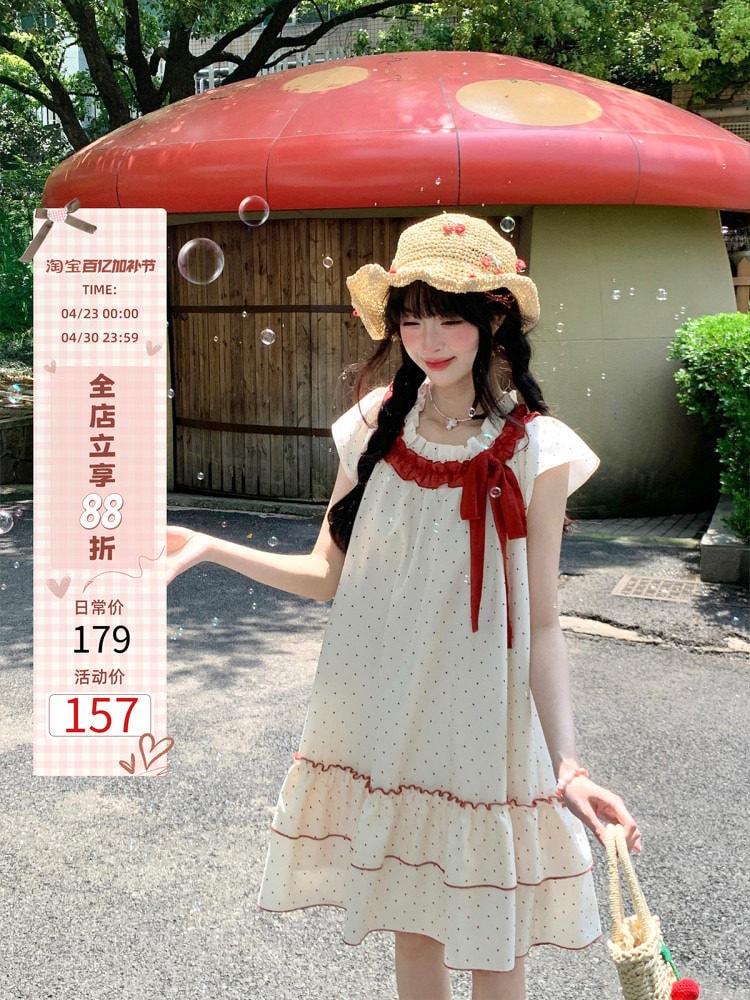 ibi encyの小柄な女性向けの甘い夏のリボン付きショートスカート水玉模様のミディ丈