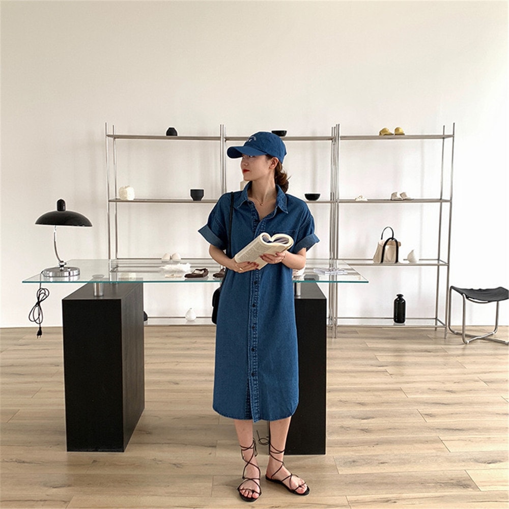 レディース シャツワンピ ミモレ 5分袖 Vネック 襟付き スリム 細身 ストレート Iライン ストリート 前開き ボタン アメカジ かわいい シンプル カジュアル おしゃれ ラフ クール 存在感