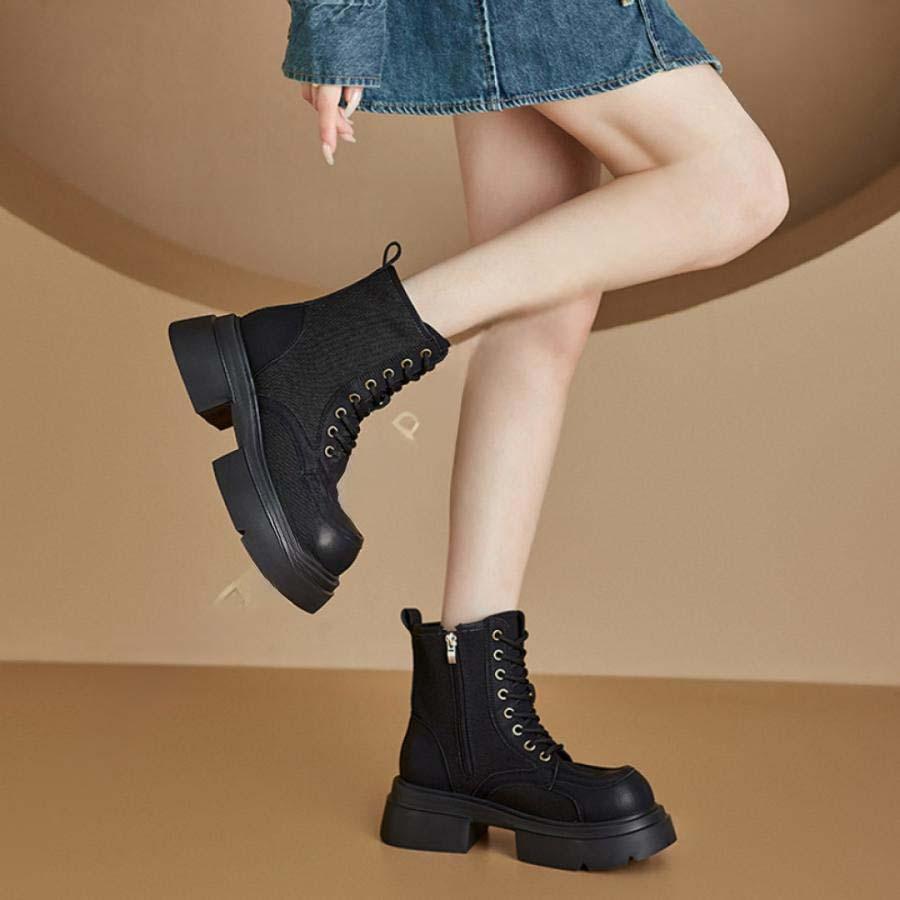 2025新品 数量限定 ショート ブーツ レディース 本革 秋冬ブーツ シューズ 黒 レースアップ サイドジップブーティ編み上げブーツ ショートブーツ 厚底 防寒 ワークブーツ 撥水 短納期