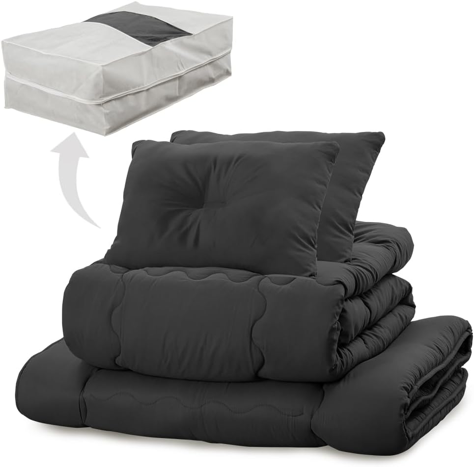 アイリスプラザ すぐ使える&洗える布団5点セット ダブル 抗菌防臭 すっきり収納ケース付き しっとりなめらかピーチスキン加工 (掛け布団 敷布団 枕) ブラック