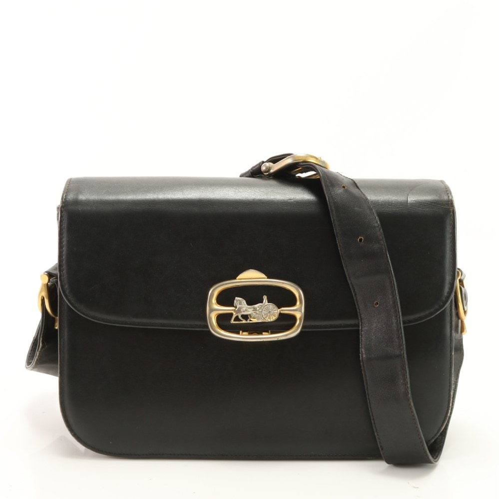 ヴィンテージ 馬車金具 レザー ショルダーバッグ 肩掛け トート ハンド 本革 ブラック 黒 レディース EFM AC12-9 中古