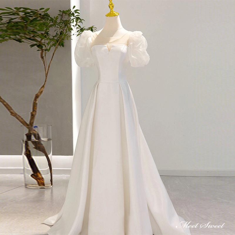 ウェディングドレス ロングドレス Aラインドレス パフスリーブ サテン 可愛い 二次会 結婚式 前撮り 発表会 白 ブライダル 花嫁 ウエディングドレス