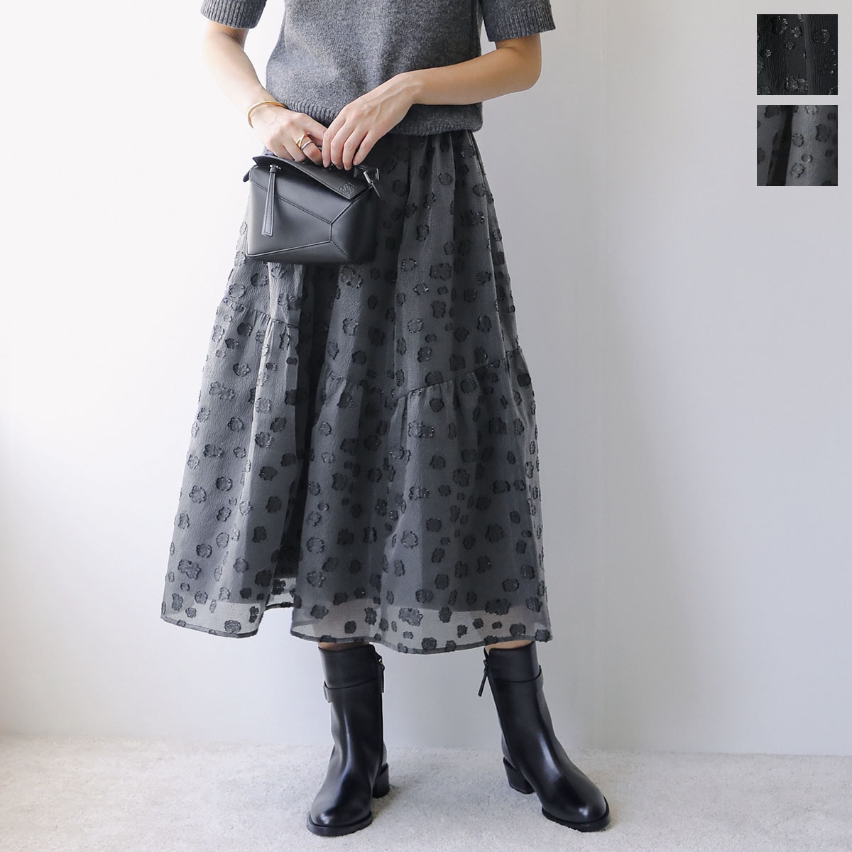 anana アナナ フレアスカート a89-017 レディース エンボス フラワー ジャガード ティアード ミディ丈 カラー2色