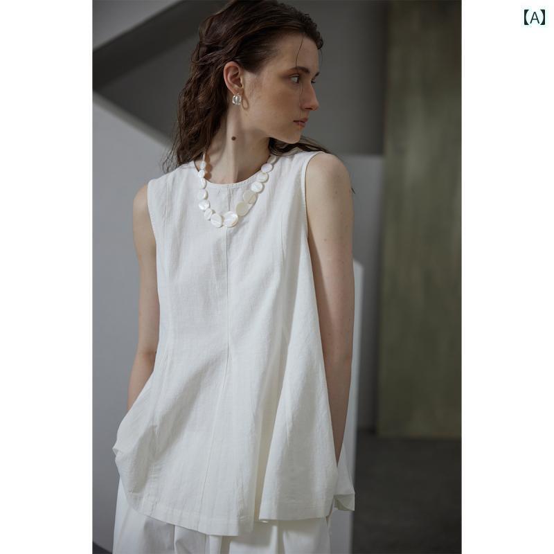 レディース　　シャツ　トップス moofeel フランス 綿 リネンシャツ夏の新 スタイル ウエスト ラウンドネックノースリーブ リネン ユニークな トップ 6,171円