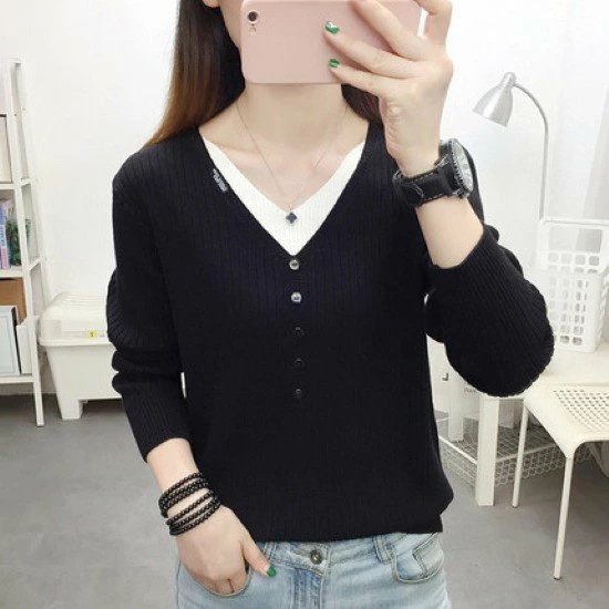 ニットトップス レディース ニット セーター トップス フェイクツーピース 重ね着風 ボタン Ｖネック 長袖 カジュアル お出掛け おしゃれ リブニット プルオーバー シンプル 無地 ニットトップス