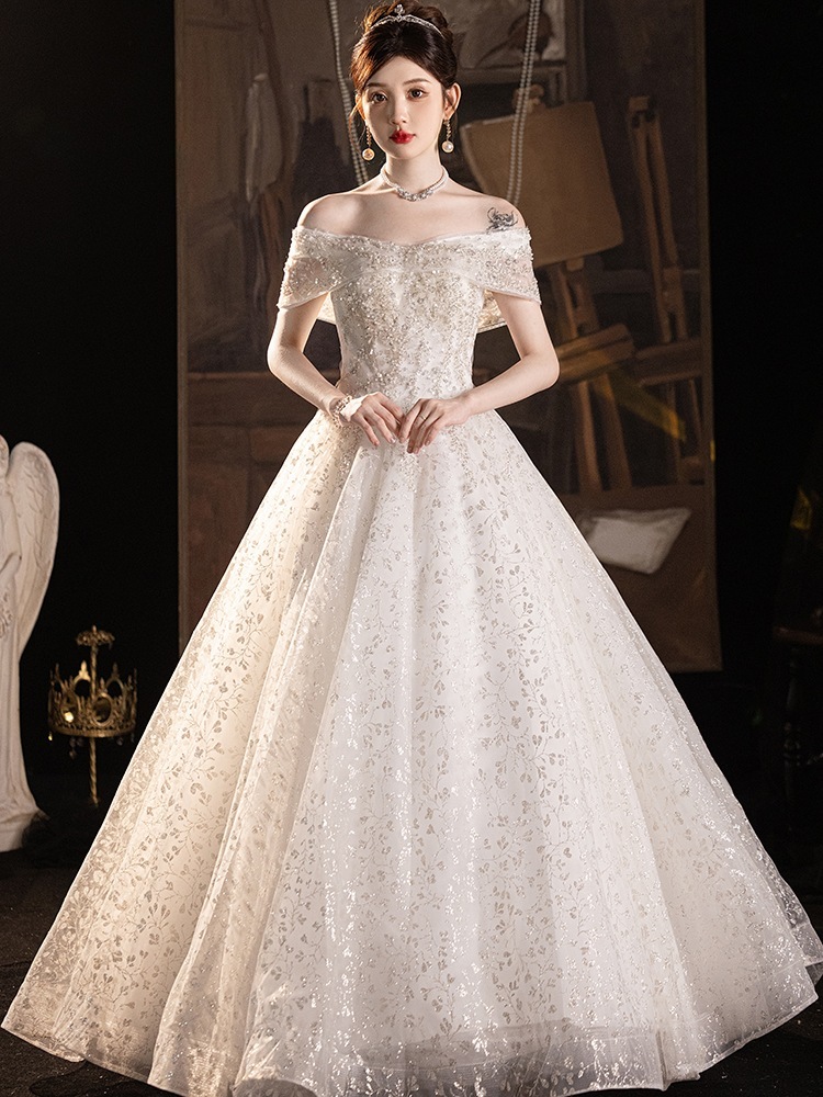 ワンショルダーウェディングドレス2025花嫁プチライトシンプルフロアレングス高品質テクスチャードウェディングドレス