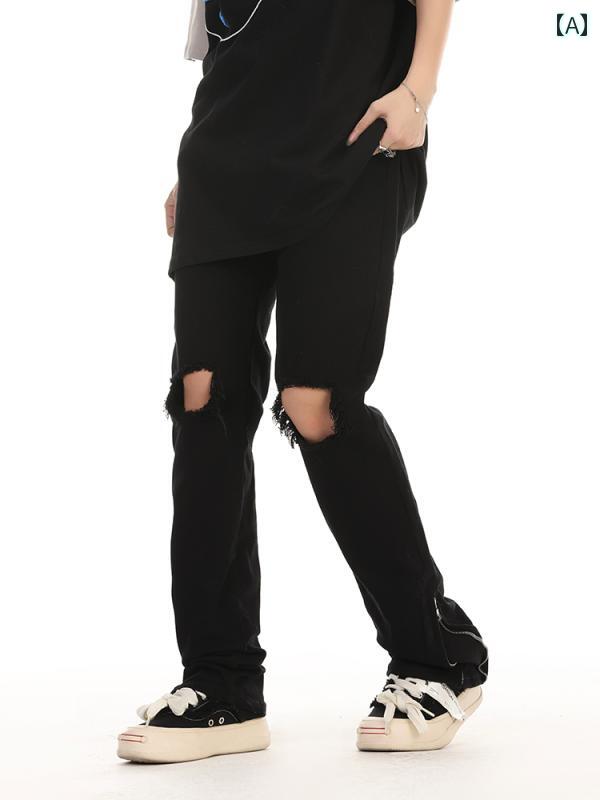 デニムパンツ レディース メンズ ダメージ ジーンズ クラッシュ ボトムス ストリート アメリカ ストレート ジッパー ヒップホップ ブラック