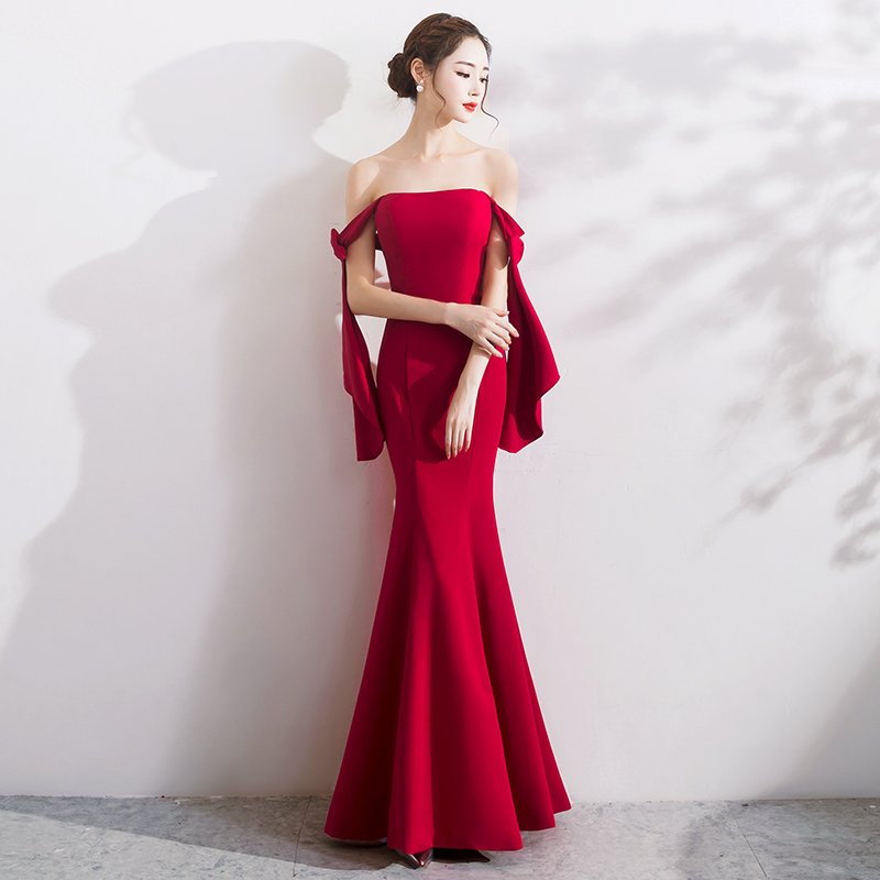 カラードレス ワインレッド ブラック ネイビー リボン オフショルダー マーメイドドレス ロングドレス ウェディングドレス イブニングドレス パーティードレス