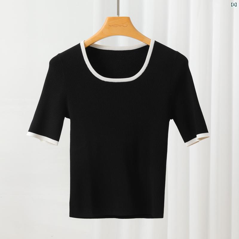 レディース ファッション　レディース　カジュアル　上品　綺麗　外出 鎖骨エッ センス U ネック ブラック ホワイト 半袖 Tシャツ 夏 冷感 ニット ボトム シャツ スリム ショート トップ