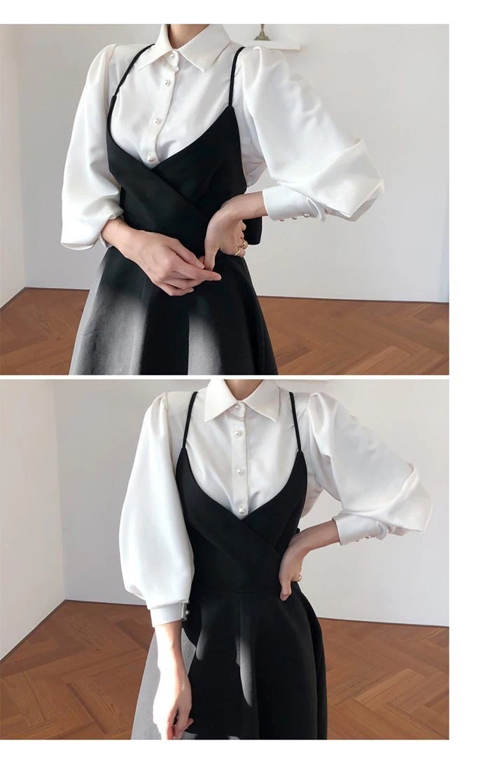 レオヤード レディース 上品 【2点セット】シャツ＋バックリボンキャミワンピース Aライン ワンピース キャミワンピ トップス リボン 春 ロングワンピース キャミソールワンピース フレ 黒 きれいめ 4,932円