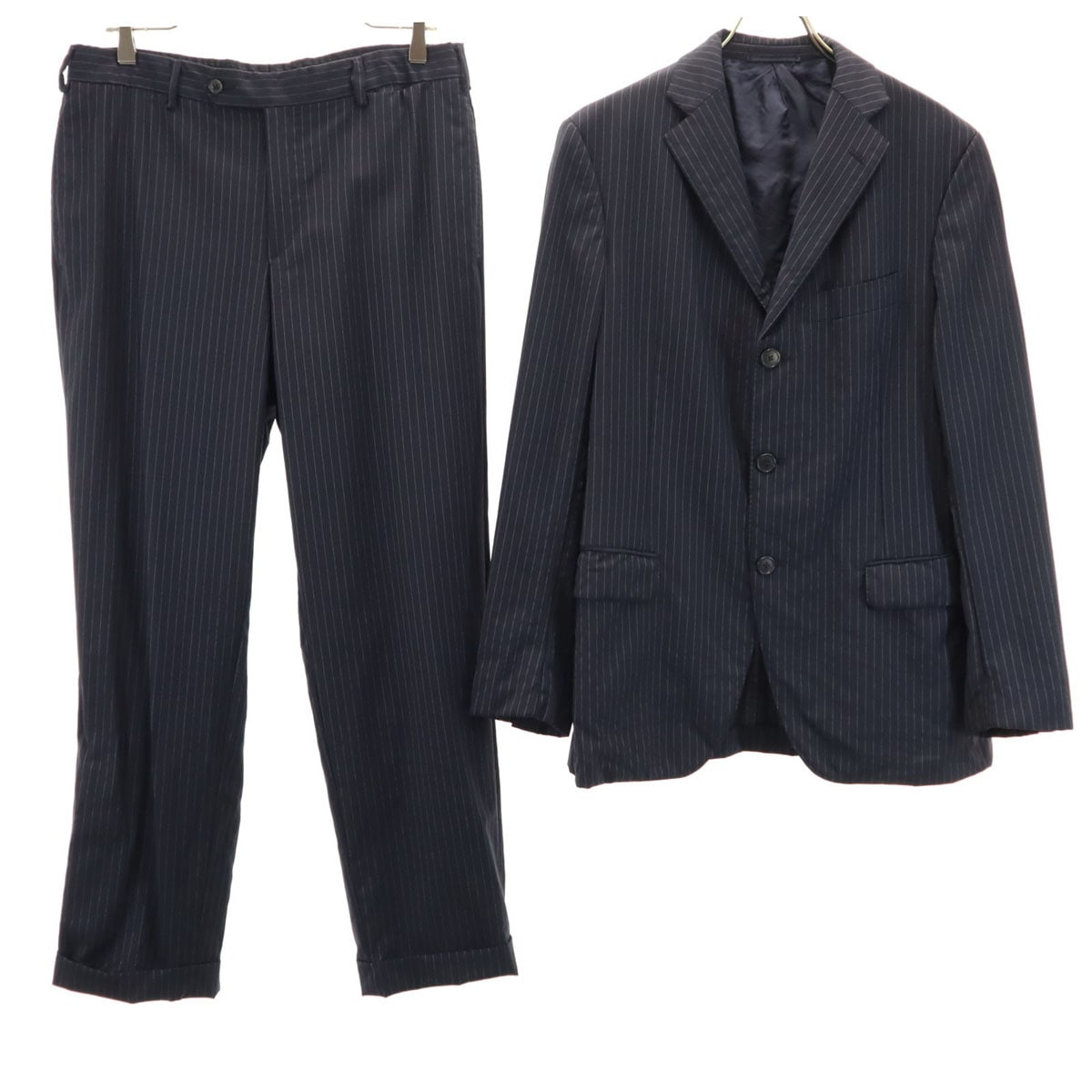 BARNEYS NEWYORK バーニーズニューヨーク イタリア製 ストライプ柄 スーツ 上下セットアップ 48 ネイビー メンズ 古着