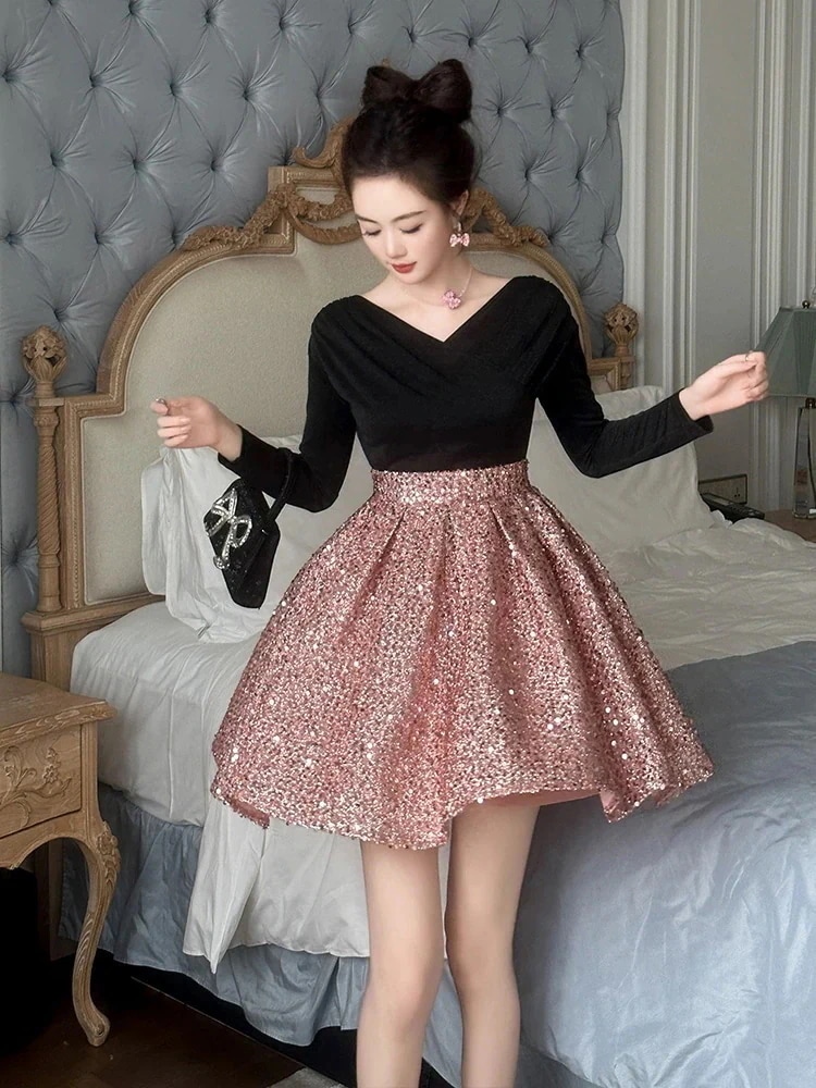 Vネック 二次会 パーティー ドレス 結婚式 2026秋 ピンク ウェディング 卒業式 同窓会 キャバ ドッキング 演奏会 披露宴 キラキラ 大人