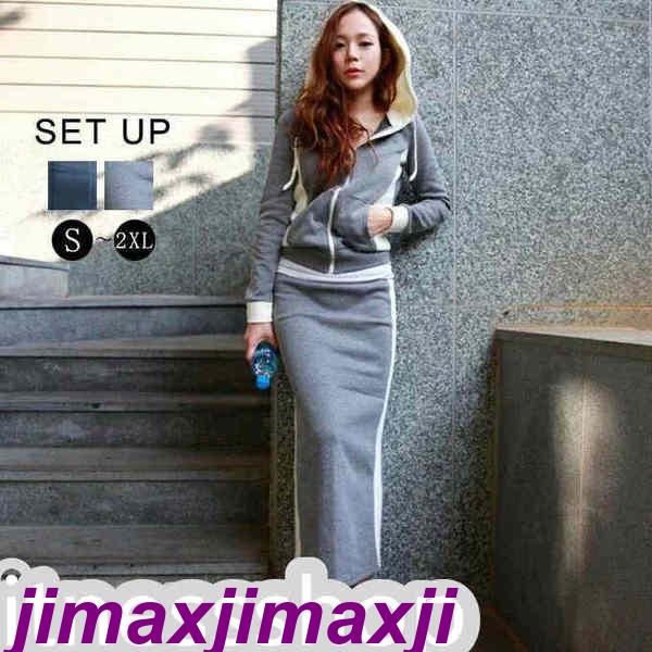 新生活 2点セット レディース セットアップ 上下セット 長袖パーカー ファスナー フード付き タイトスカート ロング丈 スリット カジュアル おしゃれ 無地 春秋 秋