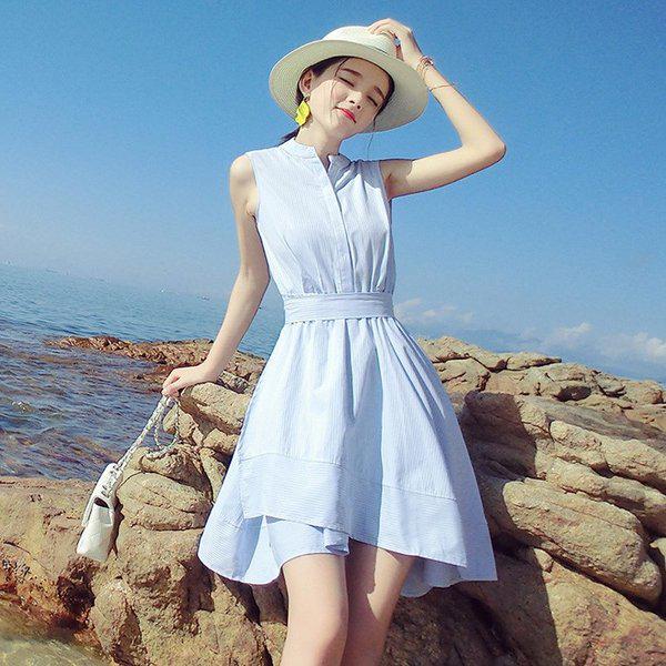 楽天スーパーセール ひざ丈 レディース ワンピース 膝丈 夏新作 チュニック ワンピース 上品 美ライン Aライン 着痩せ リボン付き かわいい ストライプ柄 ノースリーブ ニットワンピ サイズ S Www Qorban Com Co