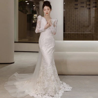 マーメイドライン トレーン付き ホワイト ドレス ウェディング ウェディングドレス オフショルダーウェディングドレス 編み上げタイプ フィッシュテー ウェディングドレスAライン・総レースのトレーン付き ウエディング