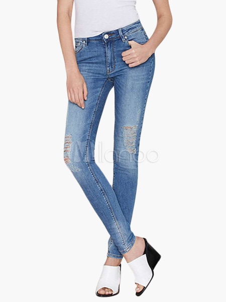 モダンブルーユーズド加工スキニーデニム女性のジーンズ