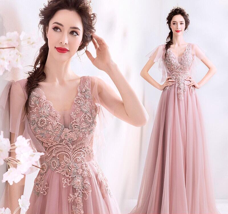 Vネックカラードレス ロング 演奏会 二次会 結婚式 パーティードレス 花嫁 ウェディングドレス カラードレお呼ばれドレスパーティードレス