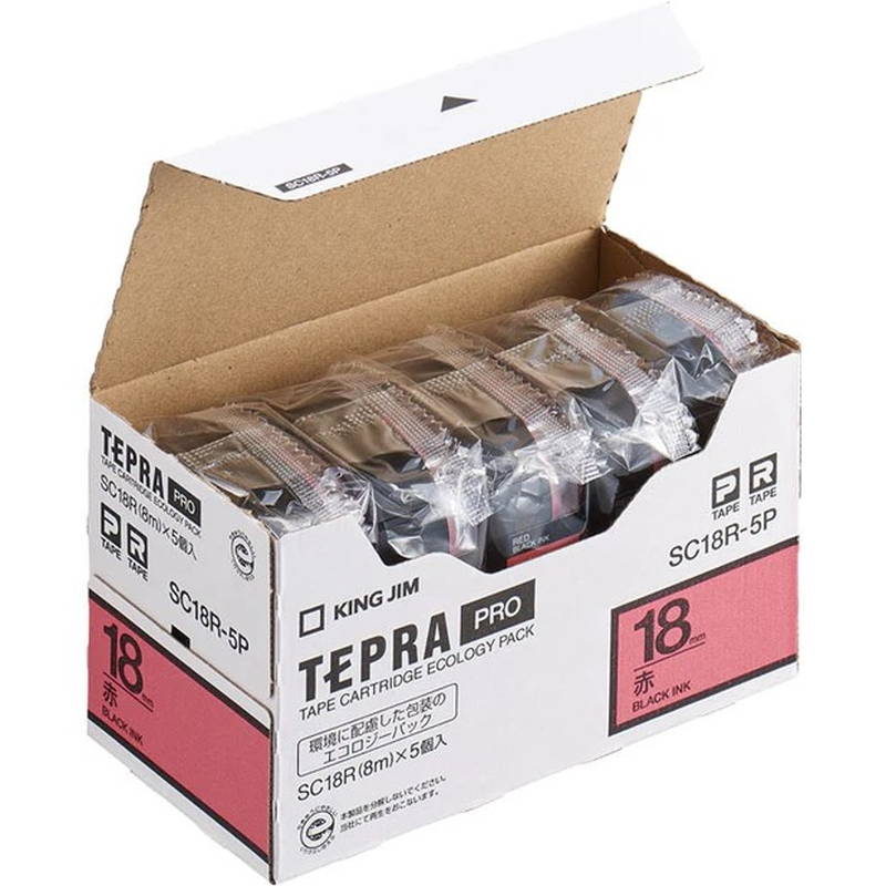 テプラ テープカートリッジ 5個セット 純正 キングジム TEPRA PRO プロ SC18R-5P 幅18mm 赤x黒文字