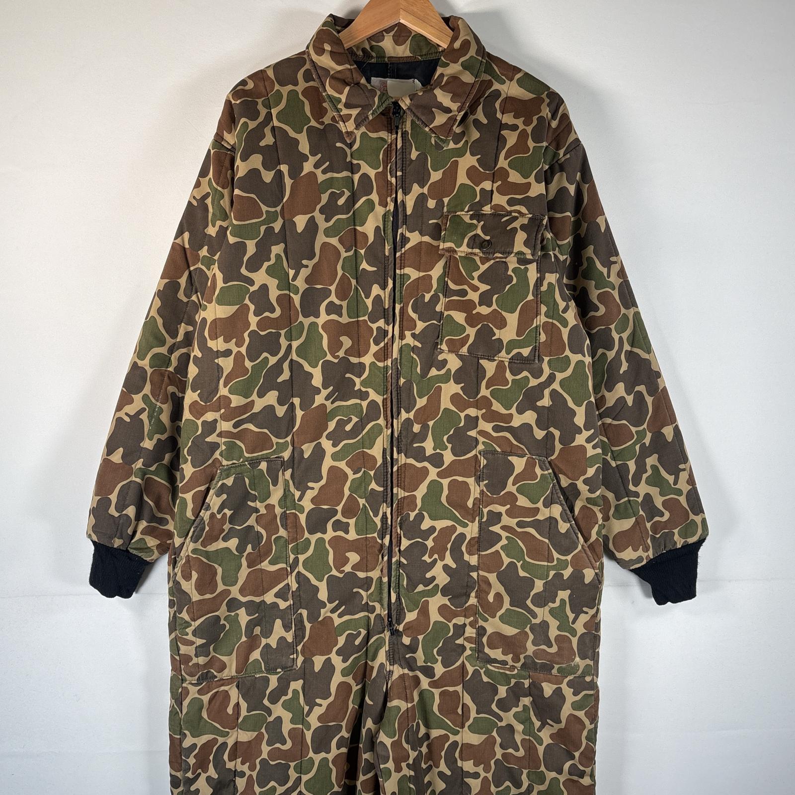 古着 80s/80年代 ヴィンテージ SAFT BAK USA製 長袖つなぎ オールインワン ワーク 作業着 大きいサイズ 中綿 ハンティングカモフラ XL カーキ メンズ