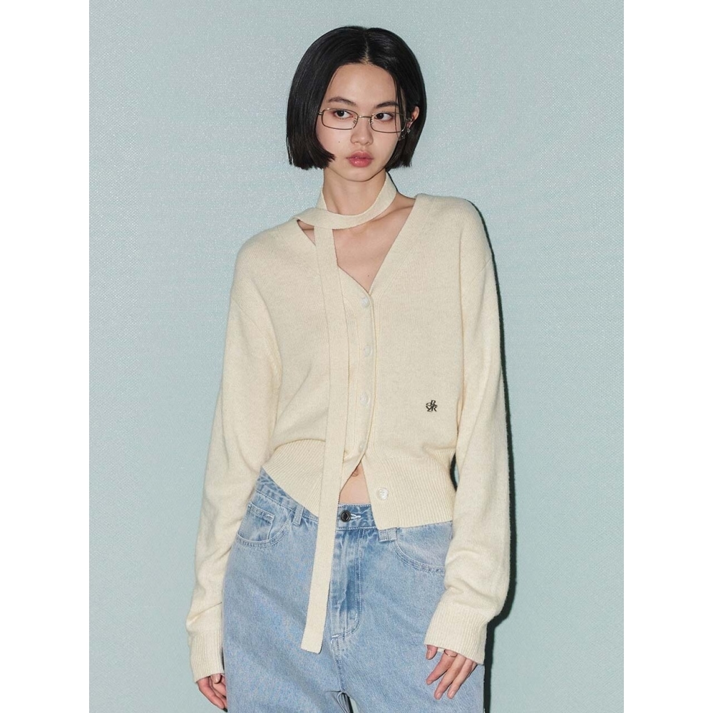 シティブリーズウール Vネックスカーフセットカーディガンクリーム