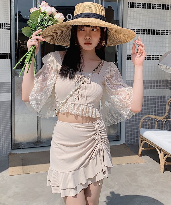 BONIDEE ■ カバーアップラップ水着セット White Blue Flower 水着体型カバー レディース セパレート[品番：TY000008493