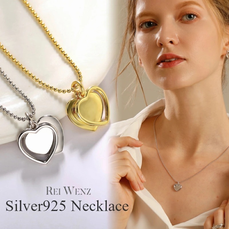 【高品質Silver925】ネックレス ハート ダブル 大ぶり デザイン シンプル レディース シルバー Silver925 重ね 大人 アレルギー プレゼント