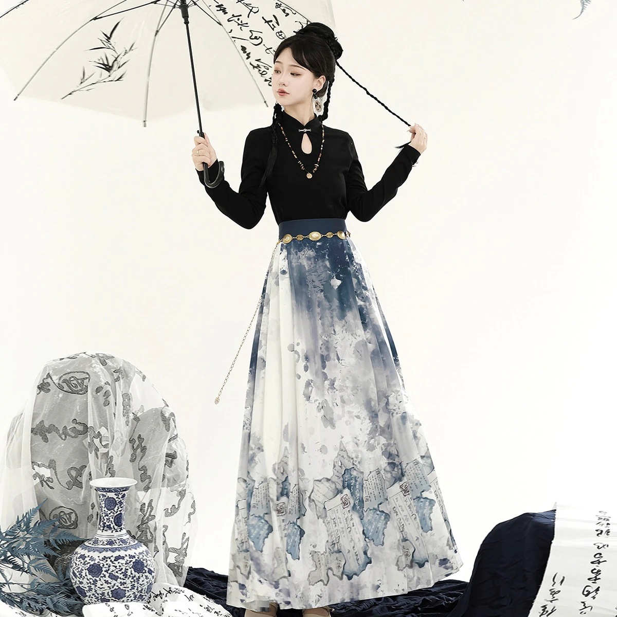 送 料 無 料正規品本は新しい韓国改良服水墨書道馬スカート女性秋を引きます