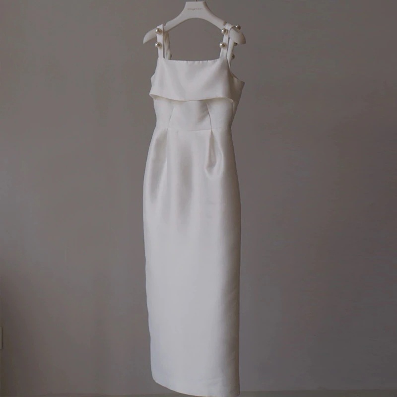 ワンピースドレスドレスレトロサスペンダーライトウェディングドレス小さなサテンエンゲージメントドレス登録ドレス毎日のウェアラブル