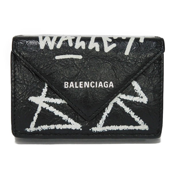 Qoo10] BALENCIAGA 【中古】 三つ折り財布 落書き ブラック