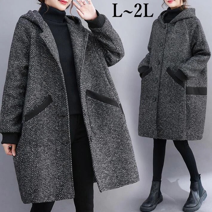 新色追加！【2025秋冬服新作】コート　レディース アウター ジャケット　フードコート ミディアム　ロングコート 大きいサイズ　大きめ 体型カバー　秋冬 L　LL 3L