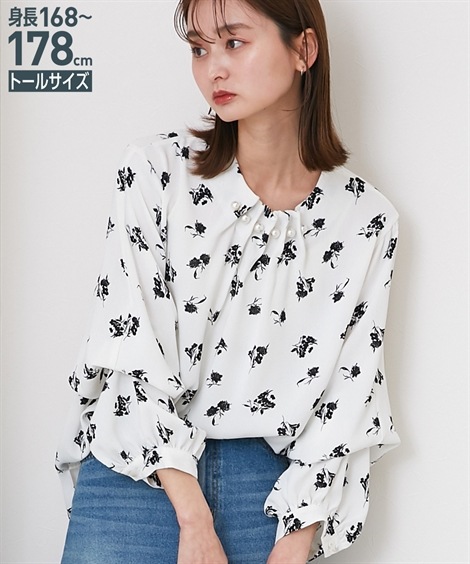 シャツブラウス 高身長　パールモチーフギャザー袖2WAYブラウス トールサイズ